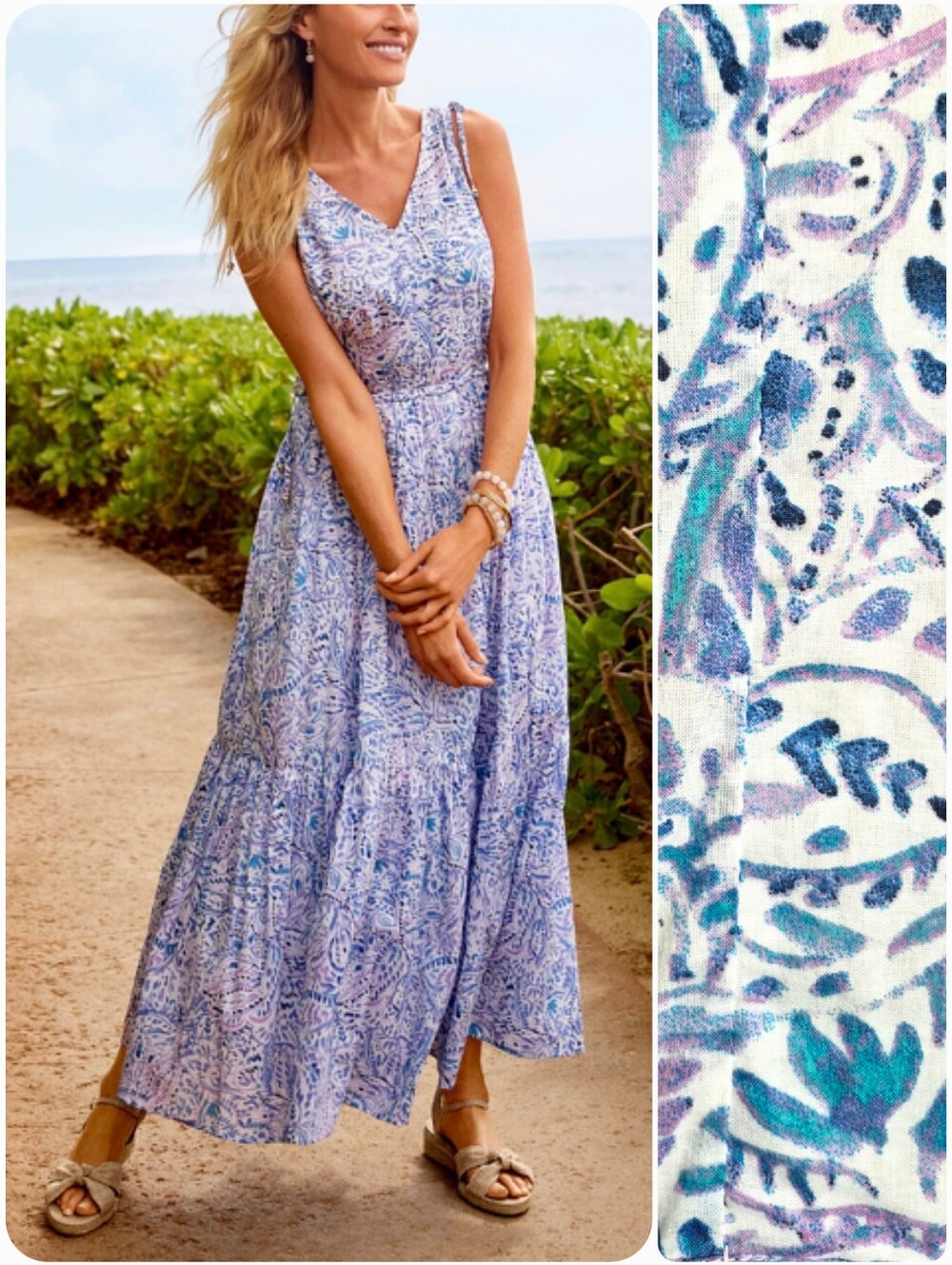 Talbots V Neck Fit Flare Tiered Cotton Floral Maxi Dress 8 Watercolor Paisley